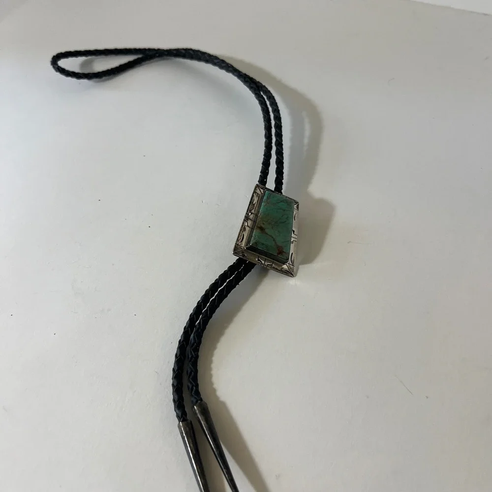 Vintage Native Navajo Sterling Silver Turquoise Bolo Tie Leather Signed